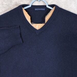 Men's L 100% Fine Cashmere V-Neck Sweater Navy Blue Summit Label Soft Pullover